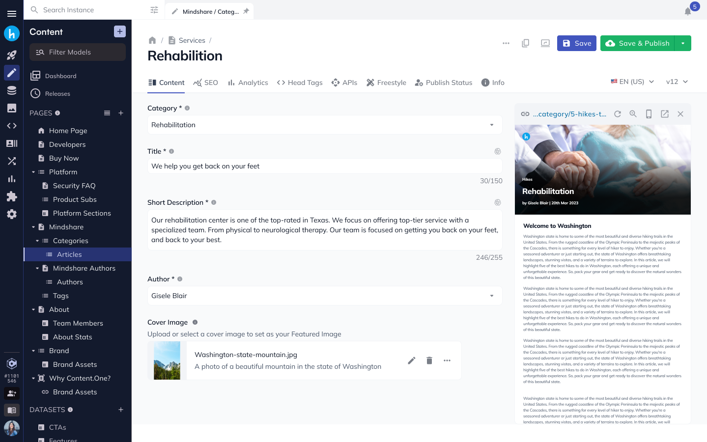 Content.One CMS editing a hospital page