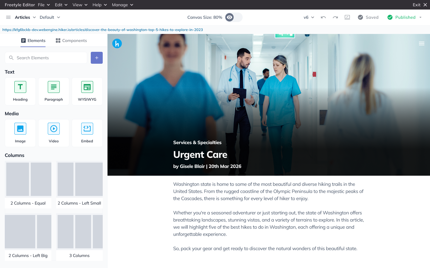 Content.One editor for a hospital service line page