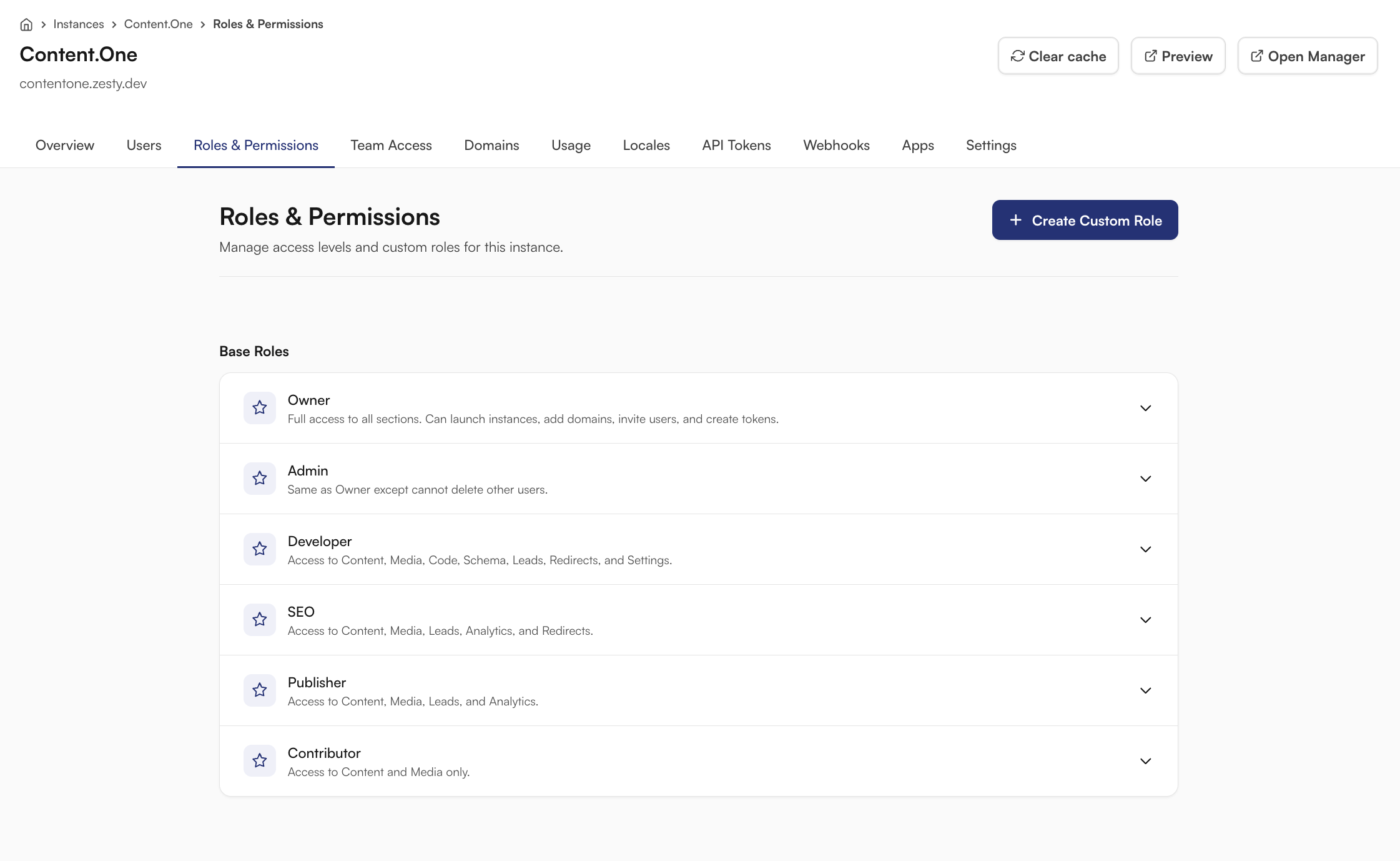 Content.One Roles & Permissions admin