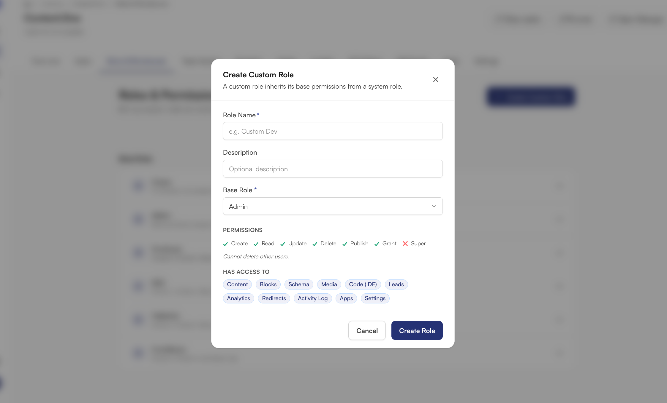 Content.One custom role creation modal
