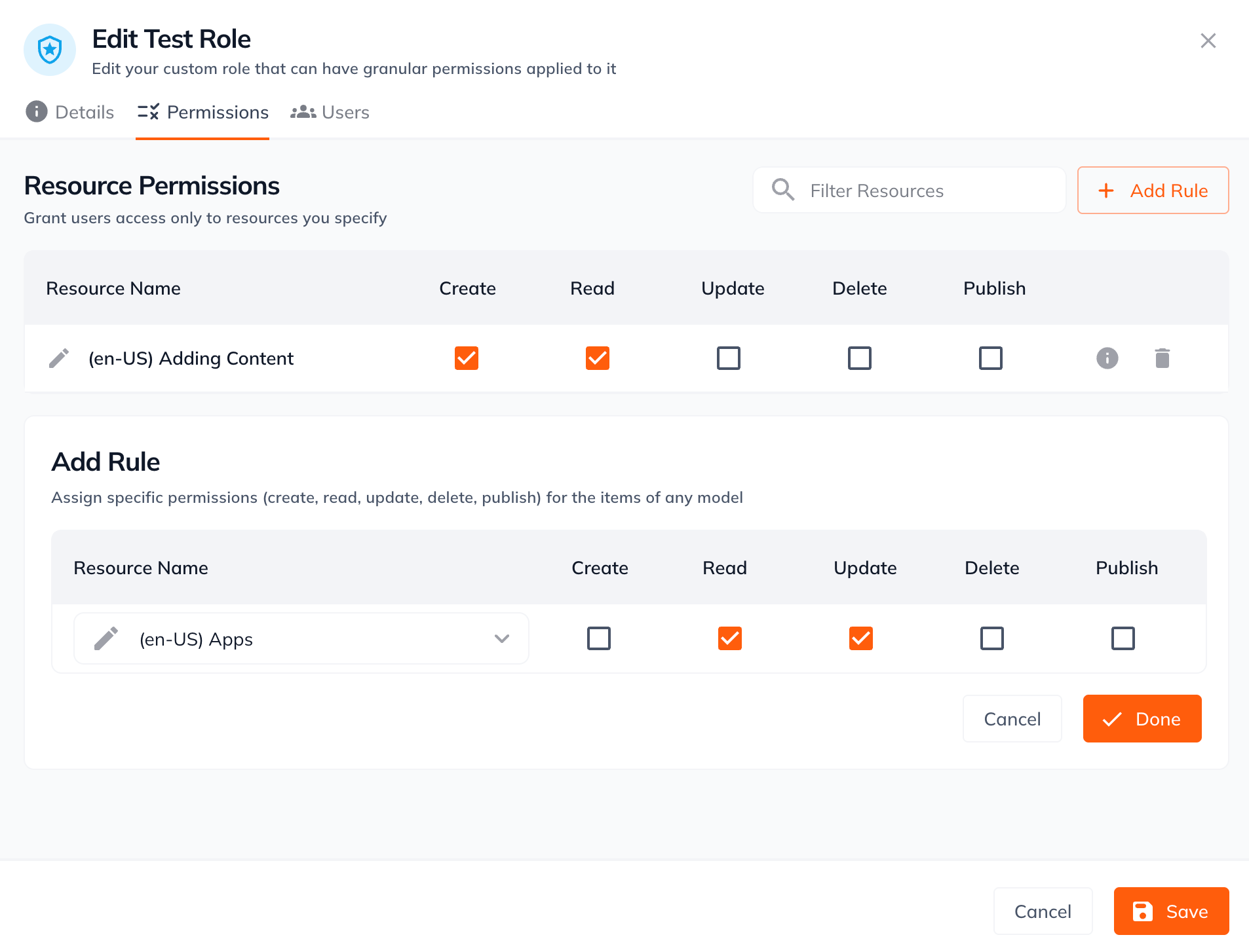 Granular role settings detail